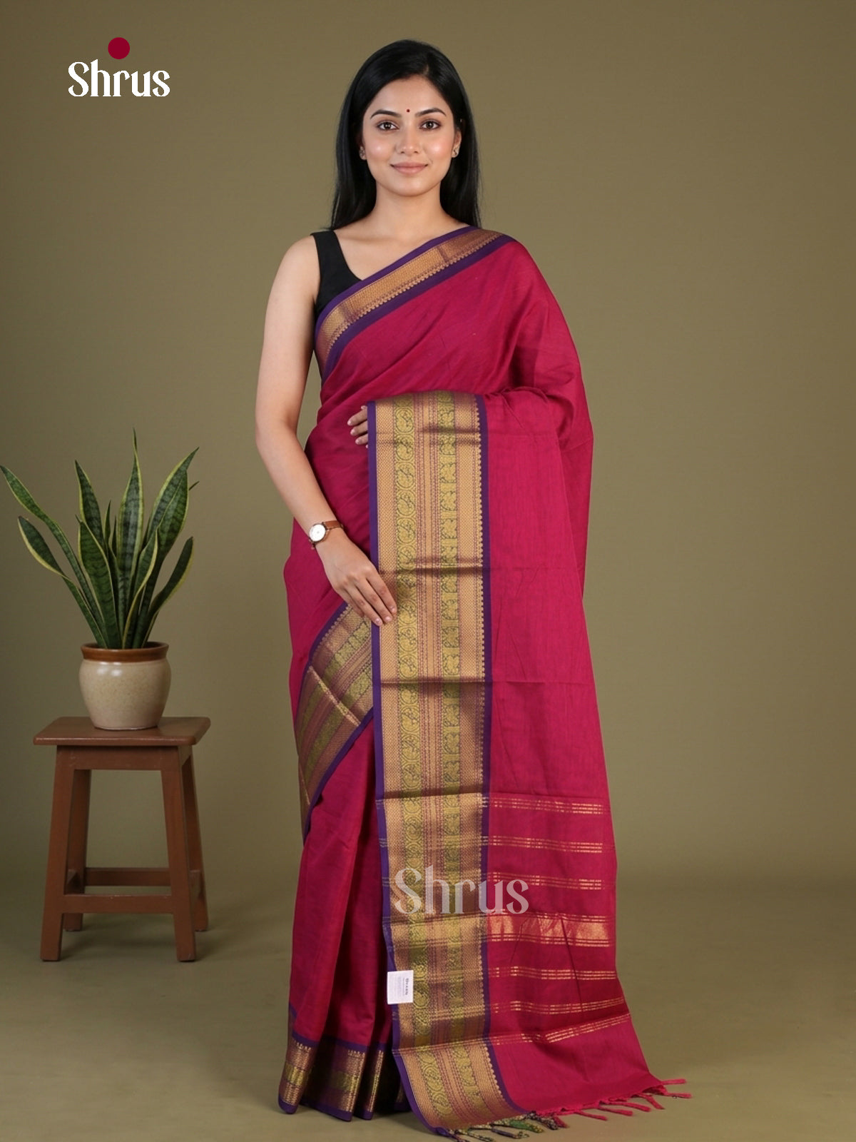 Gorgeous Dark Pink Chettinad Cotton Saree With Plain Body & Violet Broad Zari Border
