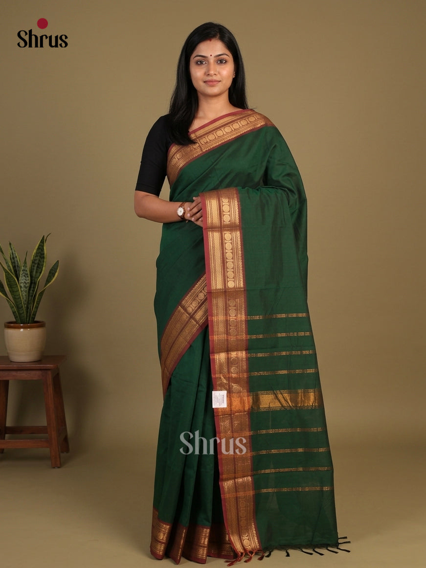 Gorgeous Green Chettinad Cotton Saree With Plain Body & Maroon Border With Zari Bands