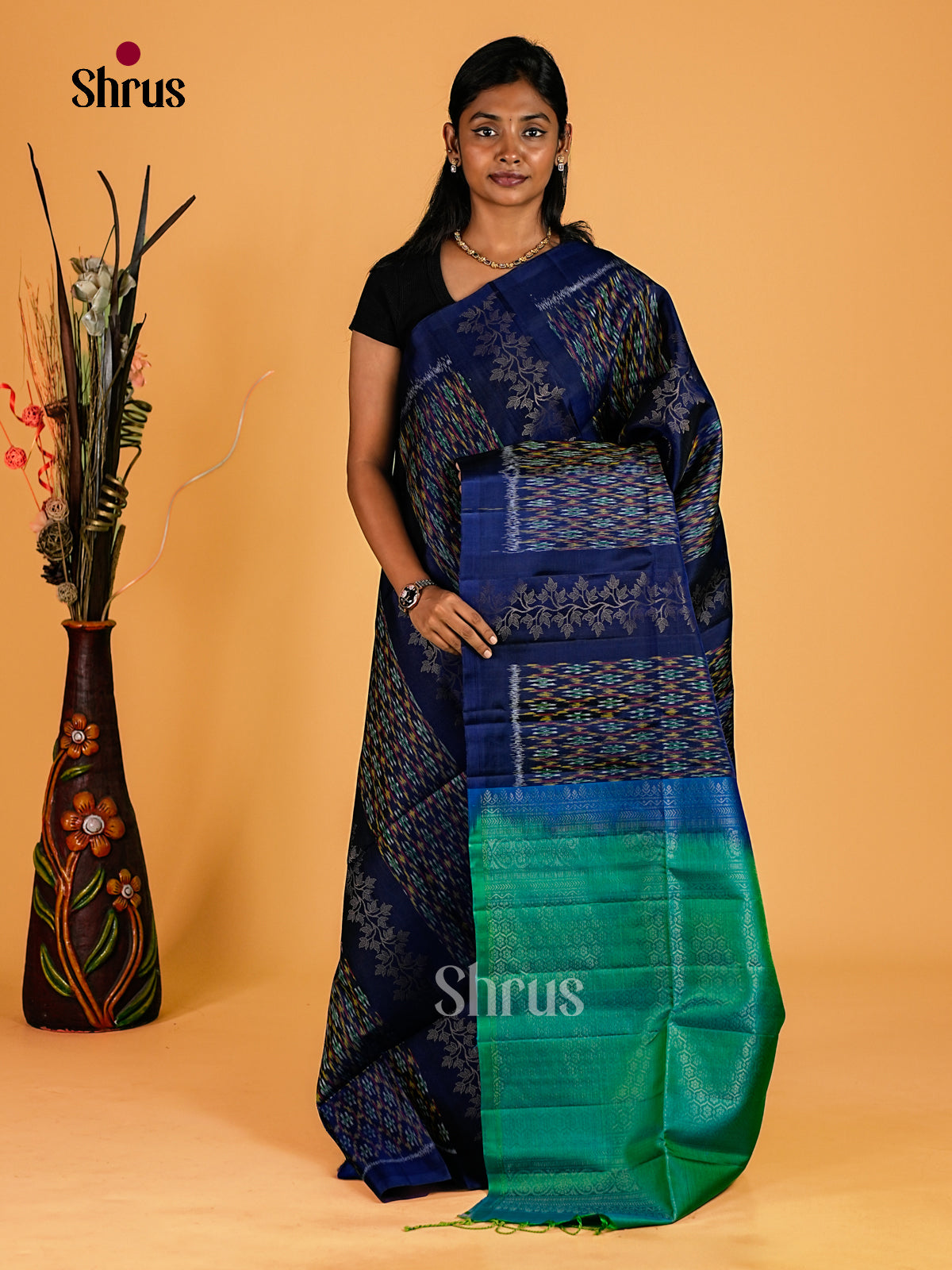 Gorgeous Navy Blue Soft Silk Sarees With Multicolour Ikat Patterns & Turquoise Blue Brocade Pallu