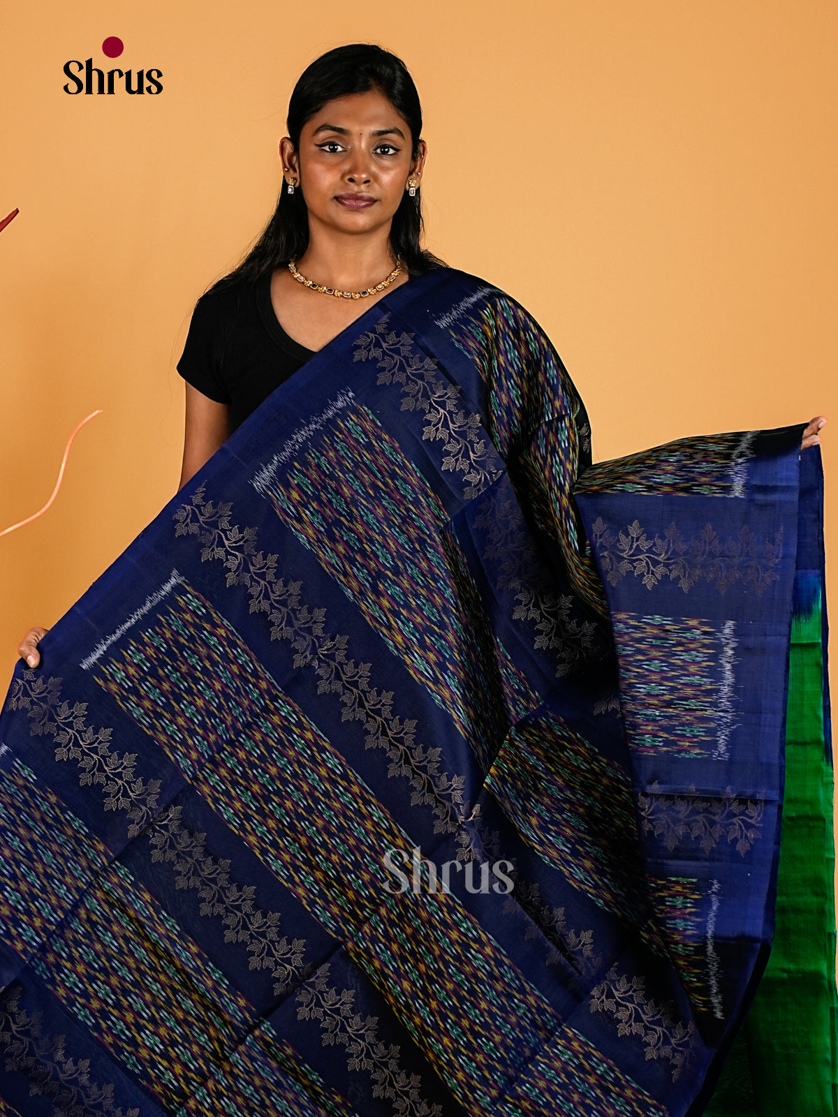 Gorgeous Navy Blue Soft Silk Sarees With Multicolour Ikat Patterns & Turquoise Blue Brocade Pallu 1