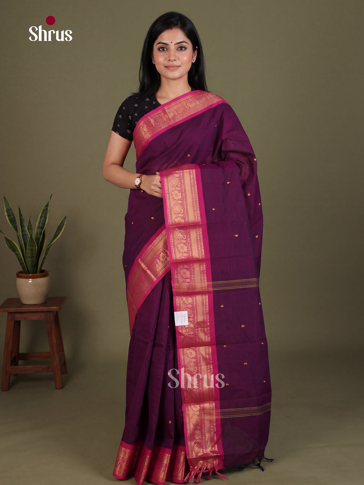 Gorgeous Purple Chettinad Cotton Saree With Small Thread Buttas & Pink Zari Border