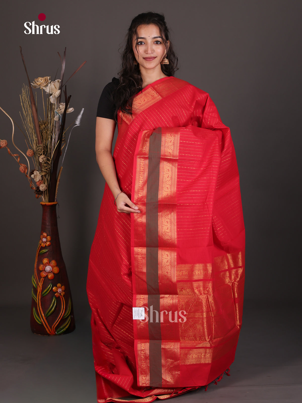 Gorgeous Red Chettinad Cotton Saree With Golden Stripes, Rettapet Zari Border & Pallu
