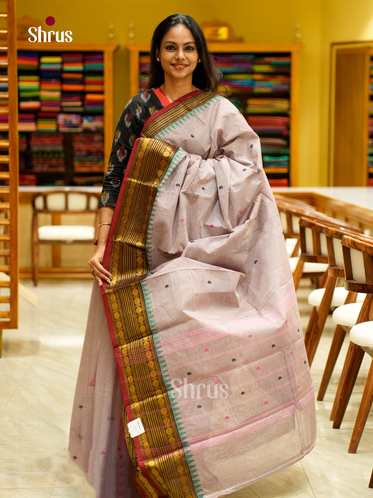 Graceful Light Grey Chettinad Cotton Saree With Thread Buttas & Maroon Temple Zari Border