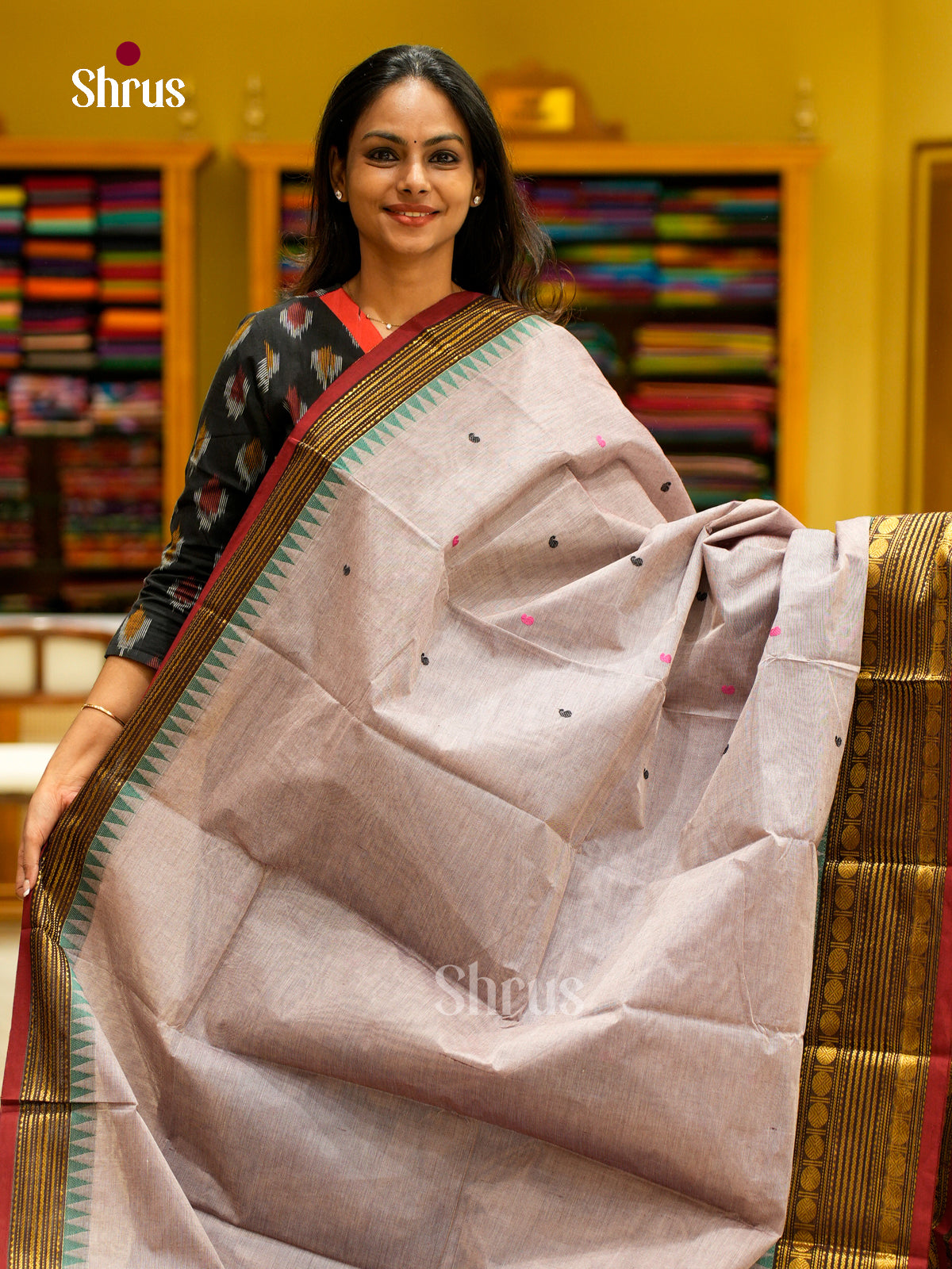Graceful Light Grey Chettinad Cotton Sarees With Thread Buttas & Maroon Temple Zari Border