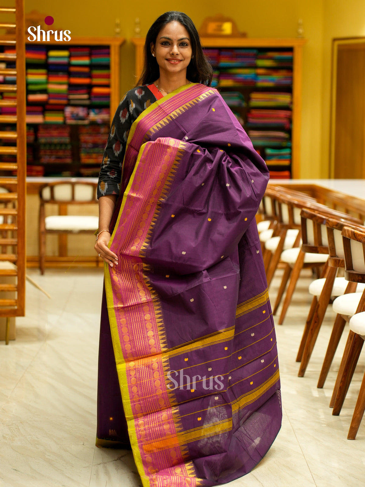 Graceful Purple Chettinad Cotton Saree With Thread Buttas & Pink Temple Zari Border
