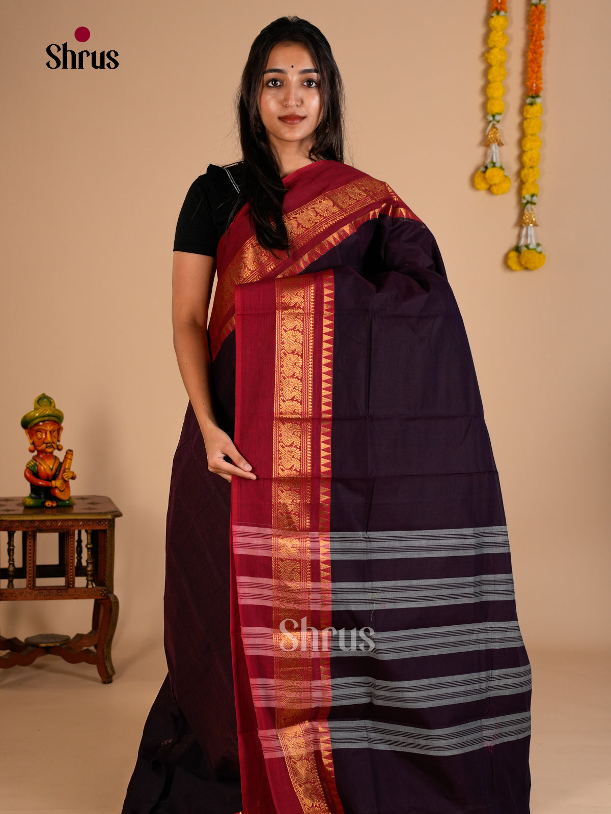 Graceful Violet Chettinad Cotton Saree With Broad Zari Woven Maroon Border