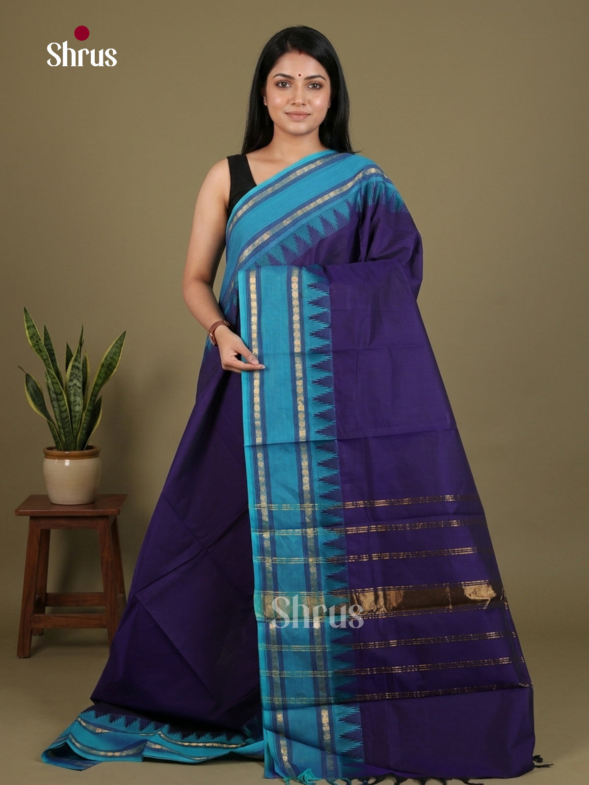 Grand Dark Blue Chettinad Cotton Saree With Blue Rettapet Temple Border With Rudraksh Buttas