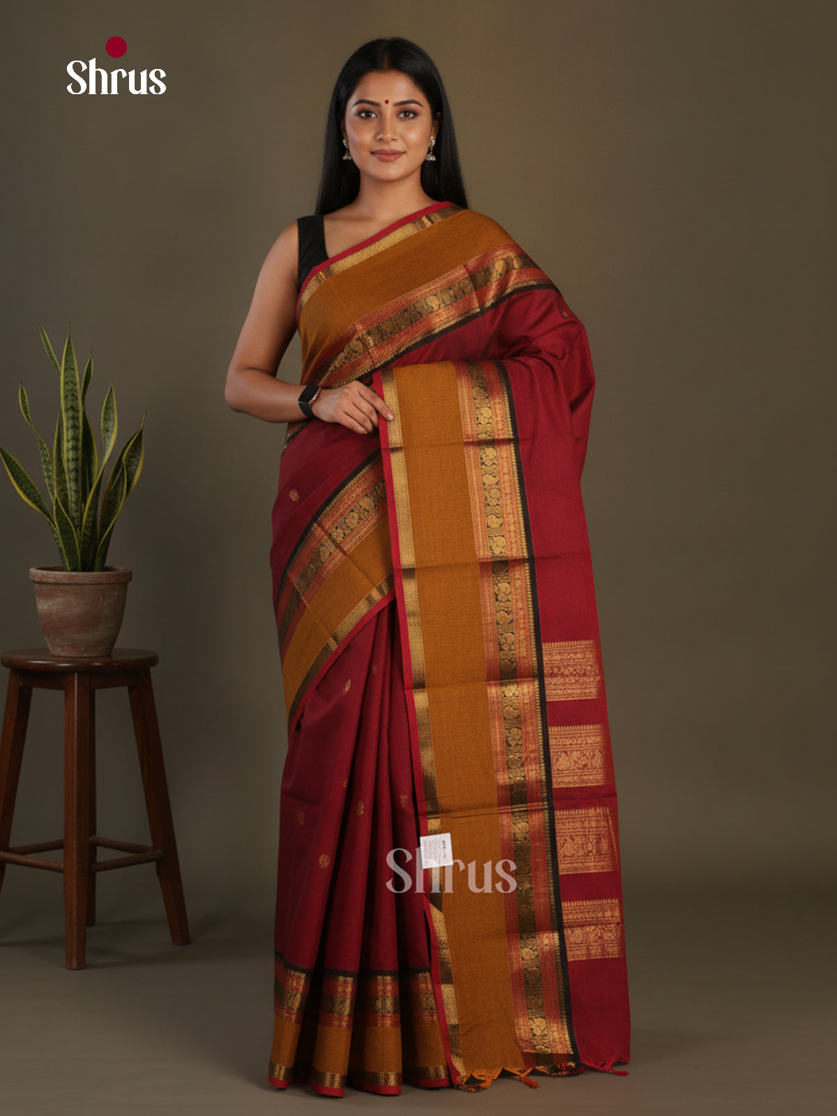 Grand Maroon Chettinad Cotton Saree With Buttas, Rettapet Zari Border & Traditional Pallu