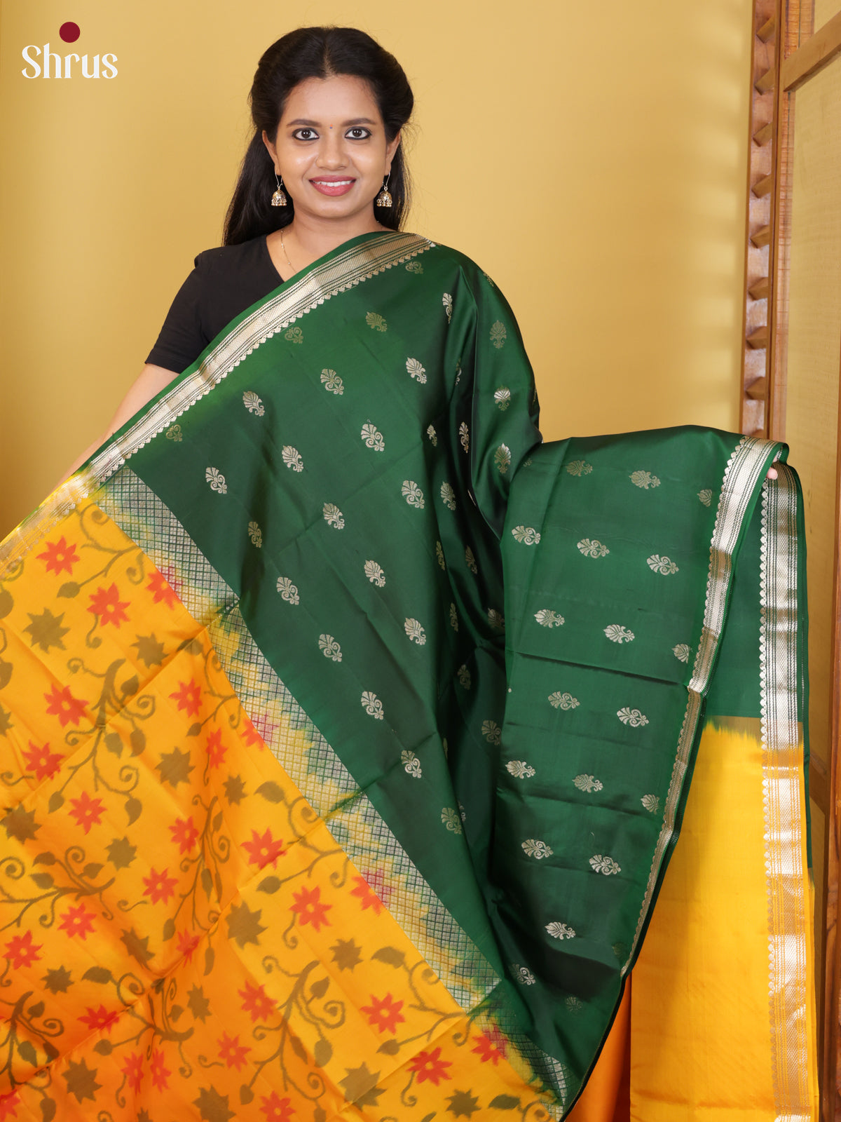 Buy Brilliant Green Half & Half Pure Soft Silk Saree with Floral Buttas & Yellow Ikat Floral Nestling