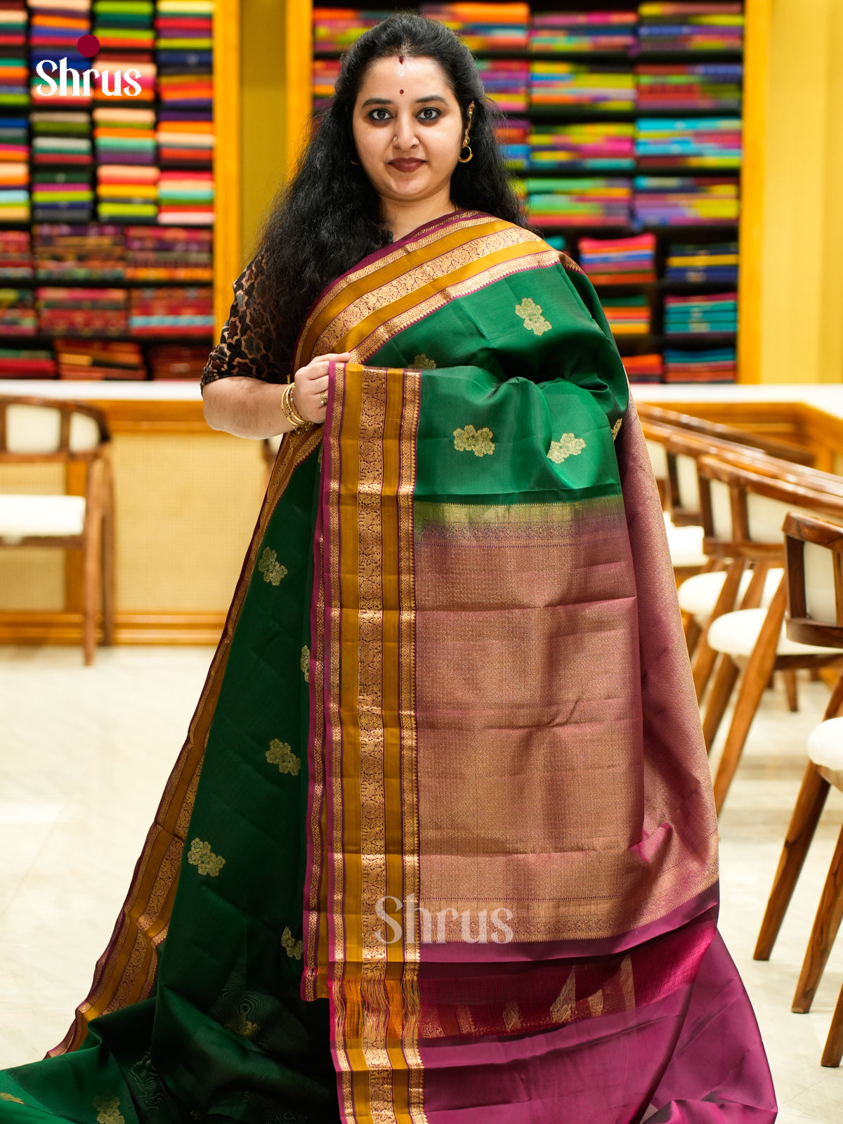 Serene Green Halfpure Kanchipuram Saree With Floral Buttas, Striped Border & Magenta Brocade Pallu