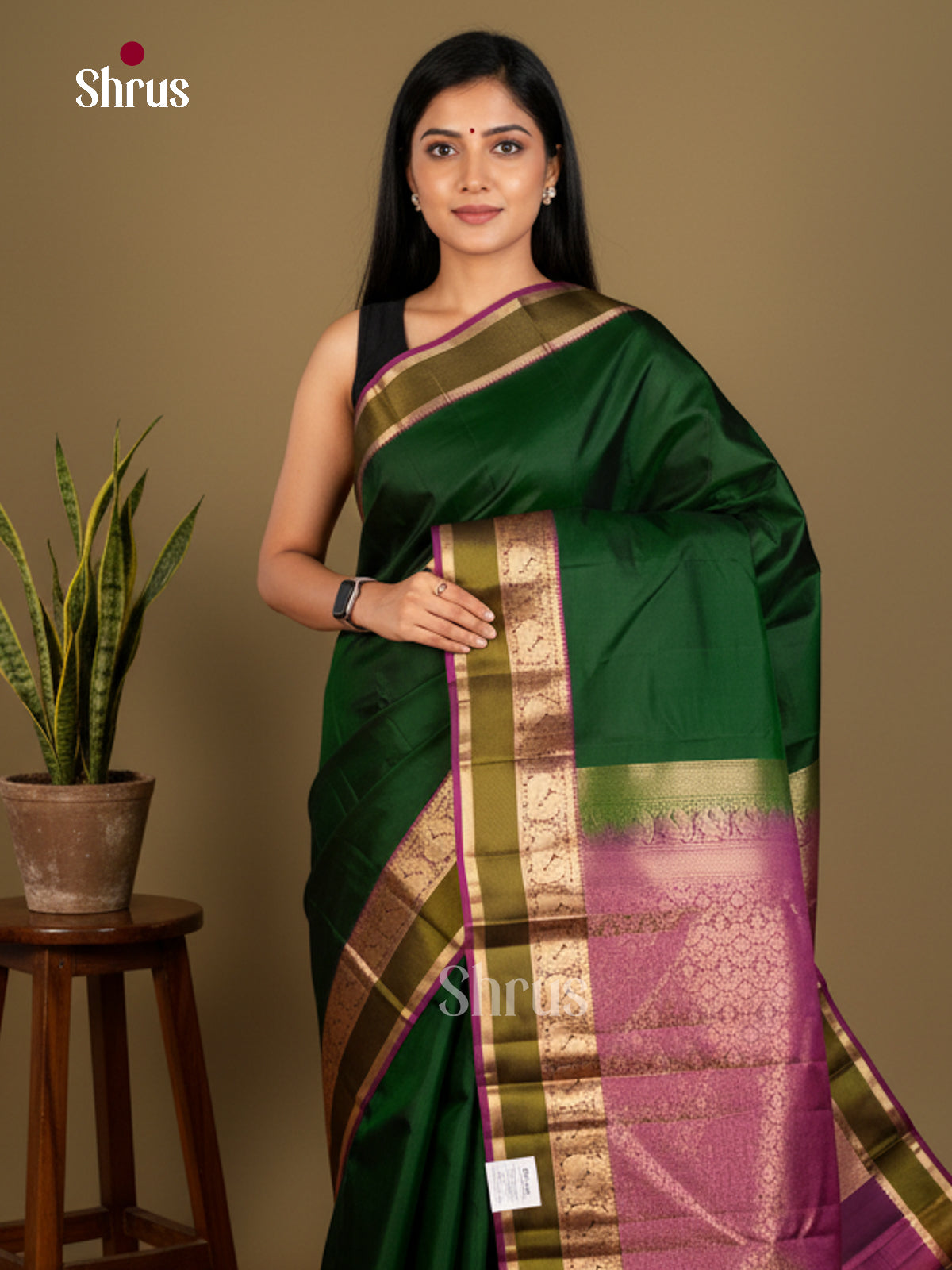 Buy Chic Green Kanchipuram Saree with Plain Body, Rettaipet Zari Border & Purple Brocade Pallu