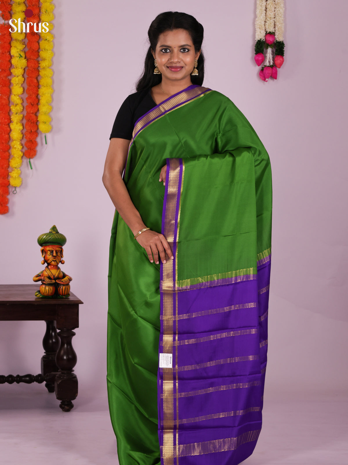 Buy Serene Green Mysore Silk Saree With Purple Zari Woven Border & Chit Pallu