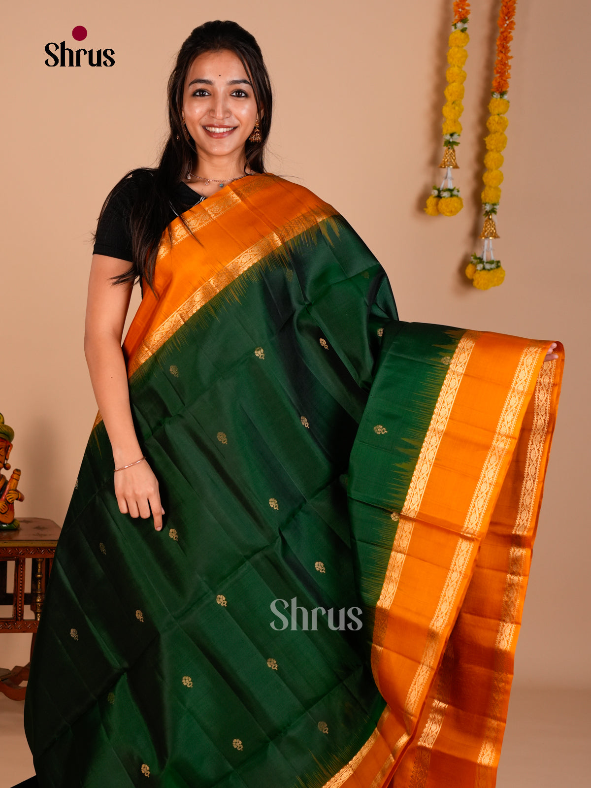 Buy Classy Green Pure Soft Silk Saree with Floral Buttas & Mustard Rettaipet Zari Border