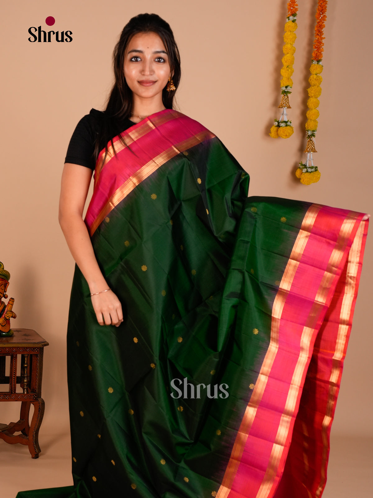 Buy Serene Green Pure Soft Silk Saree with Golden Buttas & Orangish Pink Rettaipet Zari Border
