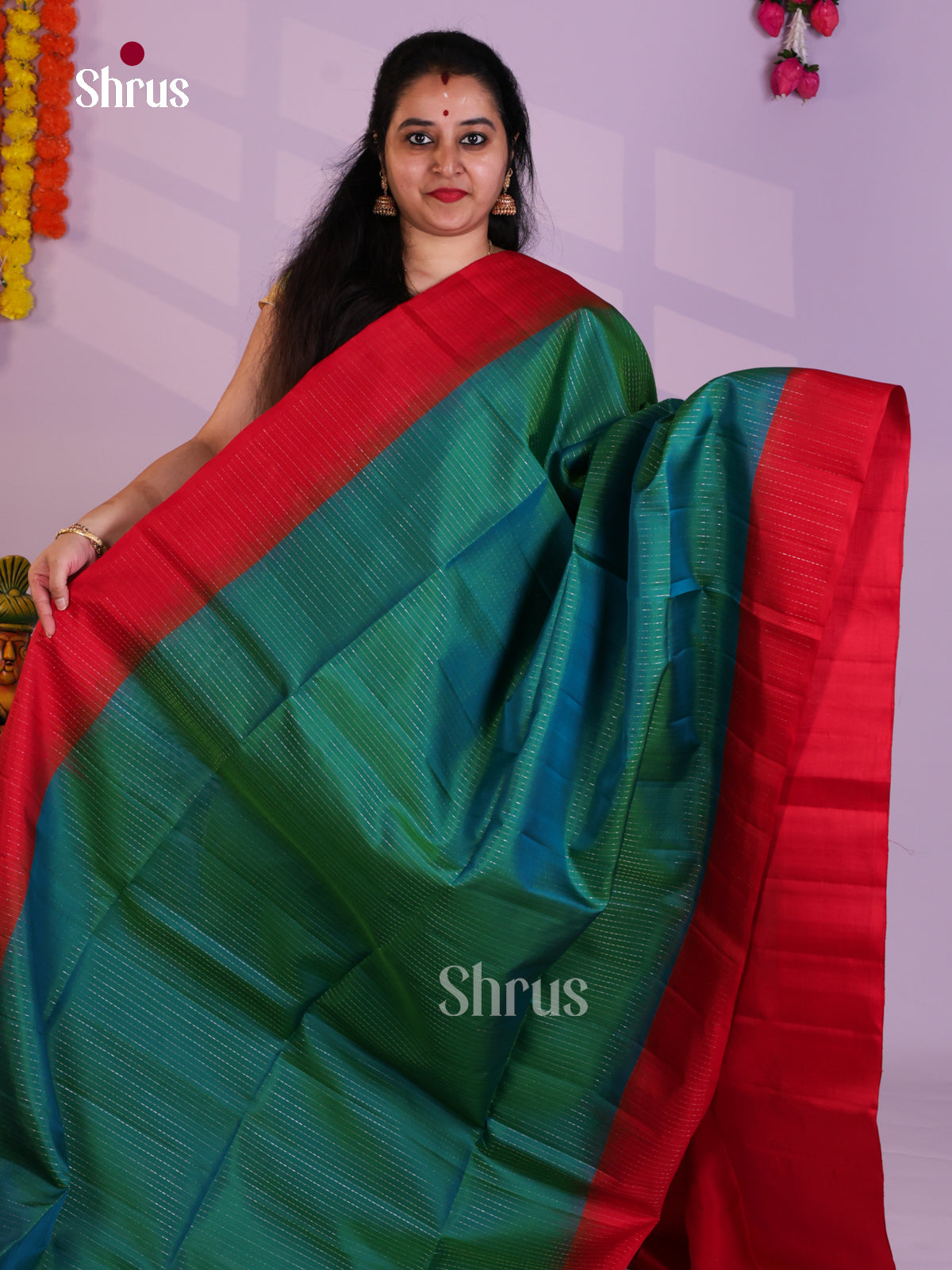 Buy Sheeny Green Pure Soft Silk Saree with Zari Pinstripes, Red Border & Brocade pallu