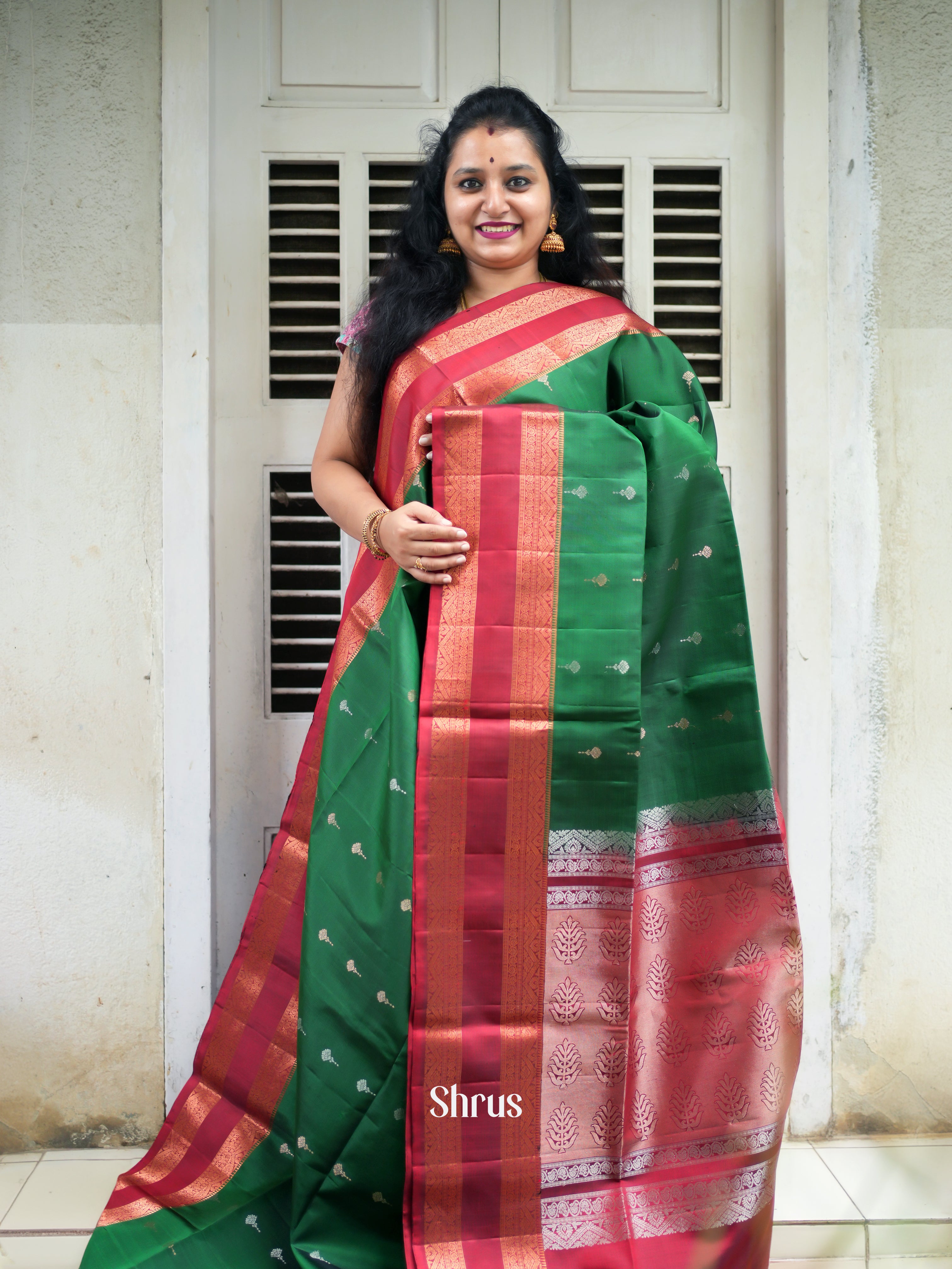 Chic Green Soft Silk Saree With Silver & Gold Buttas, Deep Red Rettaipet Border & Silver Brocade Pallu