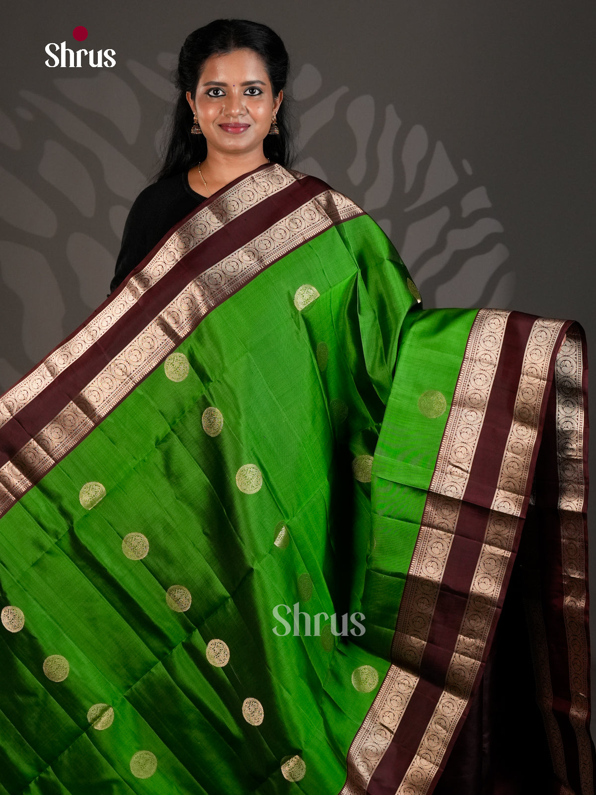 Buy Sheeny Green Soft Silk Sarees with Round Zari Motifs, Brown Rettapet Border & Brocade Pallu