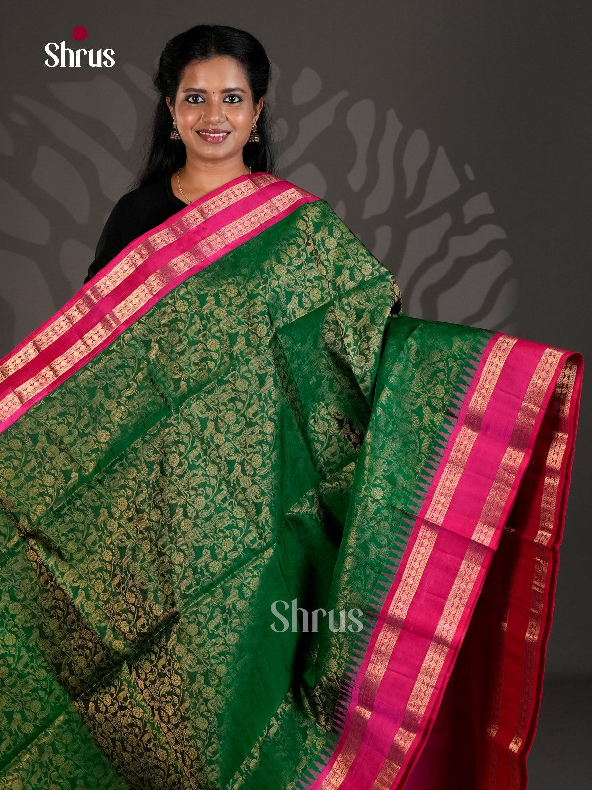Buy Classy Green Soft Silk Sarees with Vanashigaram Floral Brocade & Pink Rettaipet Zari Border
