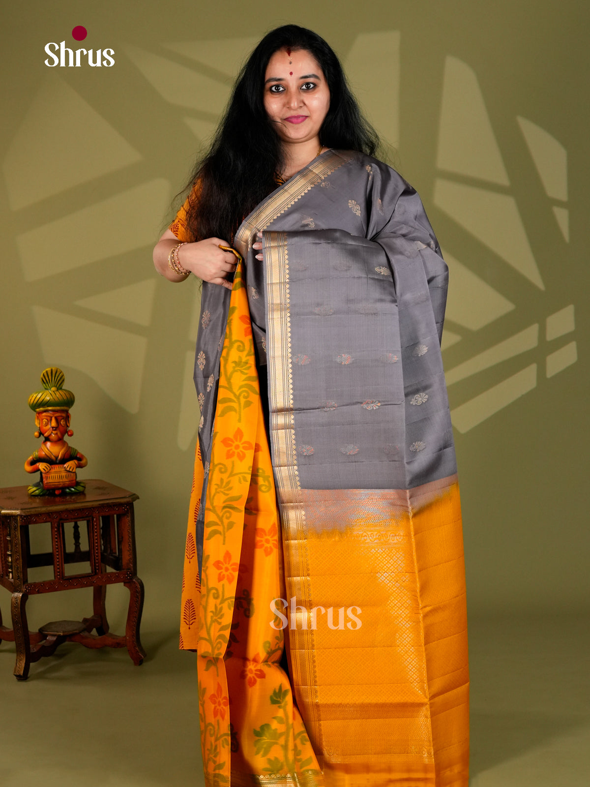 Buy Sophisticated Grey Half & Half Soft Silk Saree With Mustard Floral Print & Brocade pallu