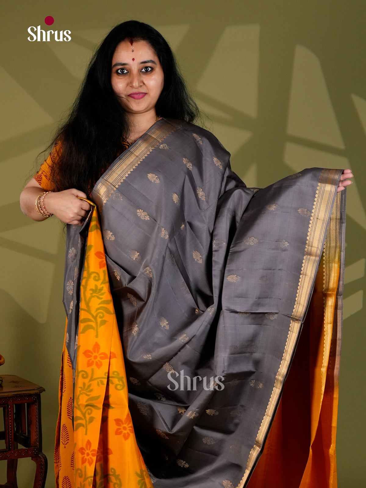Buy Sophisticated Grey Half & Half Soft Silk Sarees With Mustard Floral Print & Brocade pallu
