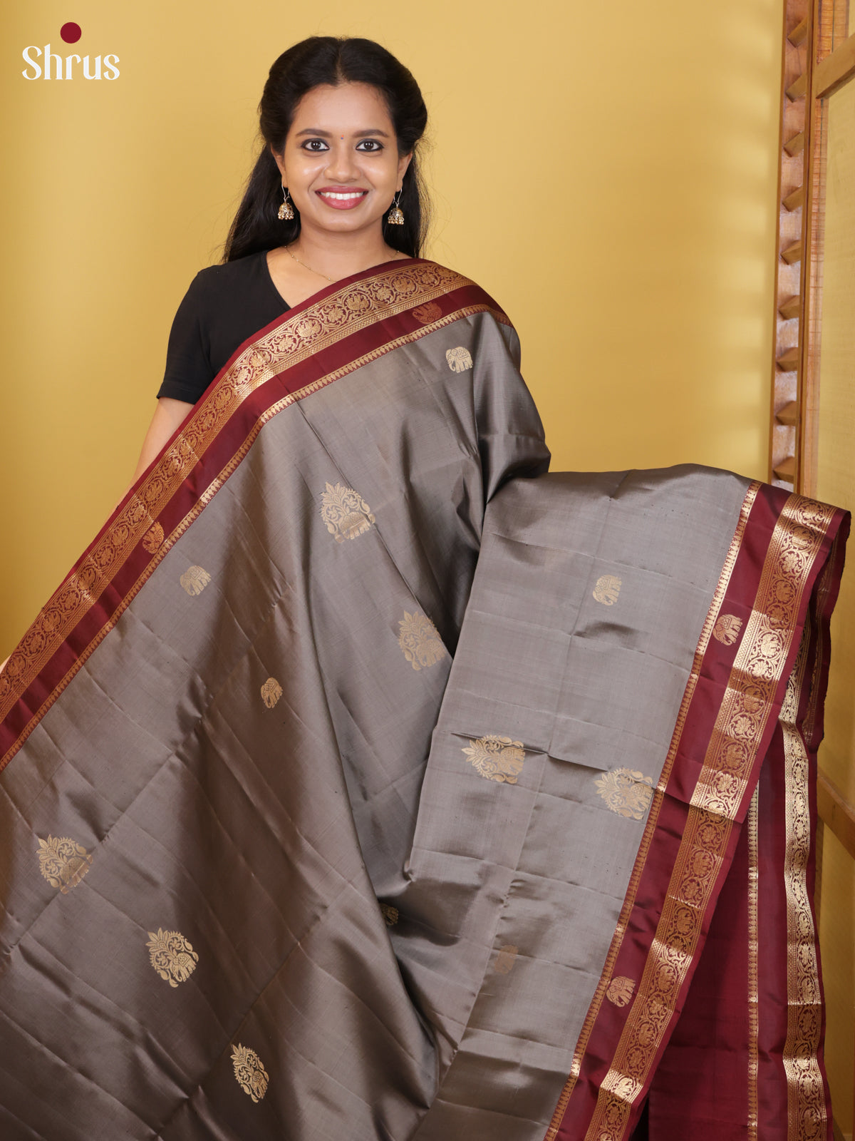 Buy Sparkling Grey Pure Soft Silk Saree With Elephant Motifs & Maroon Zari Border & Pallu