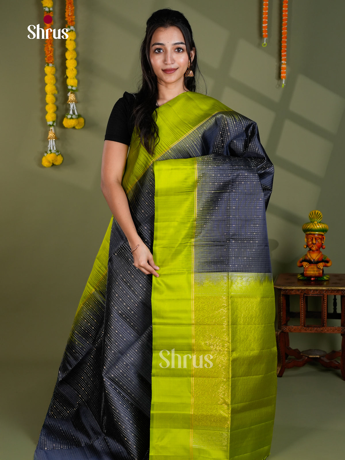 Buy Unique Grey Pure Soft Silk Saree With Silver Linear Zari Pattern, Lime Green Border & Brocade Pallu