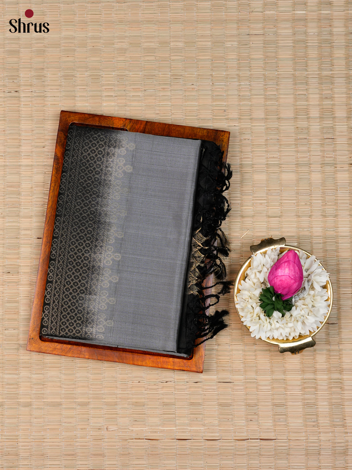 Buy Sophisticated Grey Soft Silk Saree With Zari Kolam Motifs, Black Border & Pallu