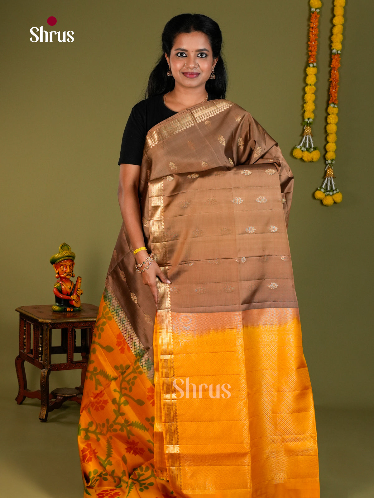 Chic Half & Half Soft Silk Saree In Fawn With Gold Buttas, Ikkat Design & Yellow Brocade Pallu
