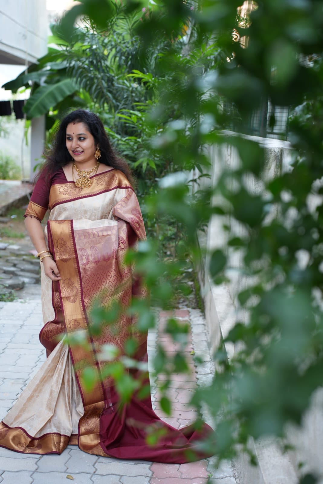 Cream & Maroon - Semi Kanchi Saree with Rudraksham & Peacocks motifs in checkered pattern on the body and with Peacock zari border - Shop on ShrusEternity.com