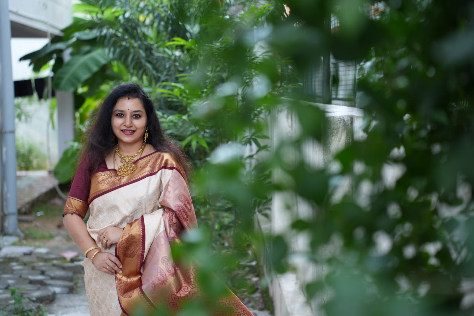 Cream & Maroon - Semi Kanchi Saree with Rudraksham & Peacocks motifs in checkered pattern on the body and with Peacock zari border - Shop on ShrusEternity.com