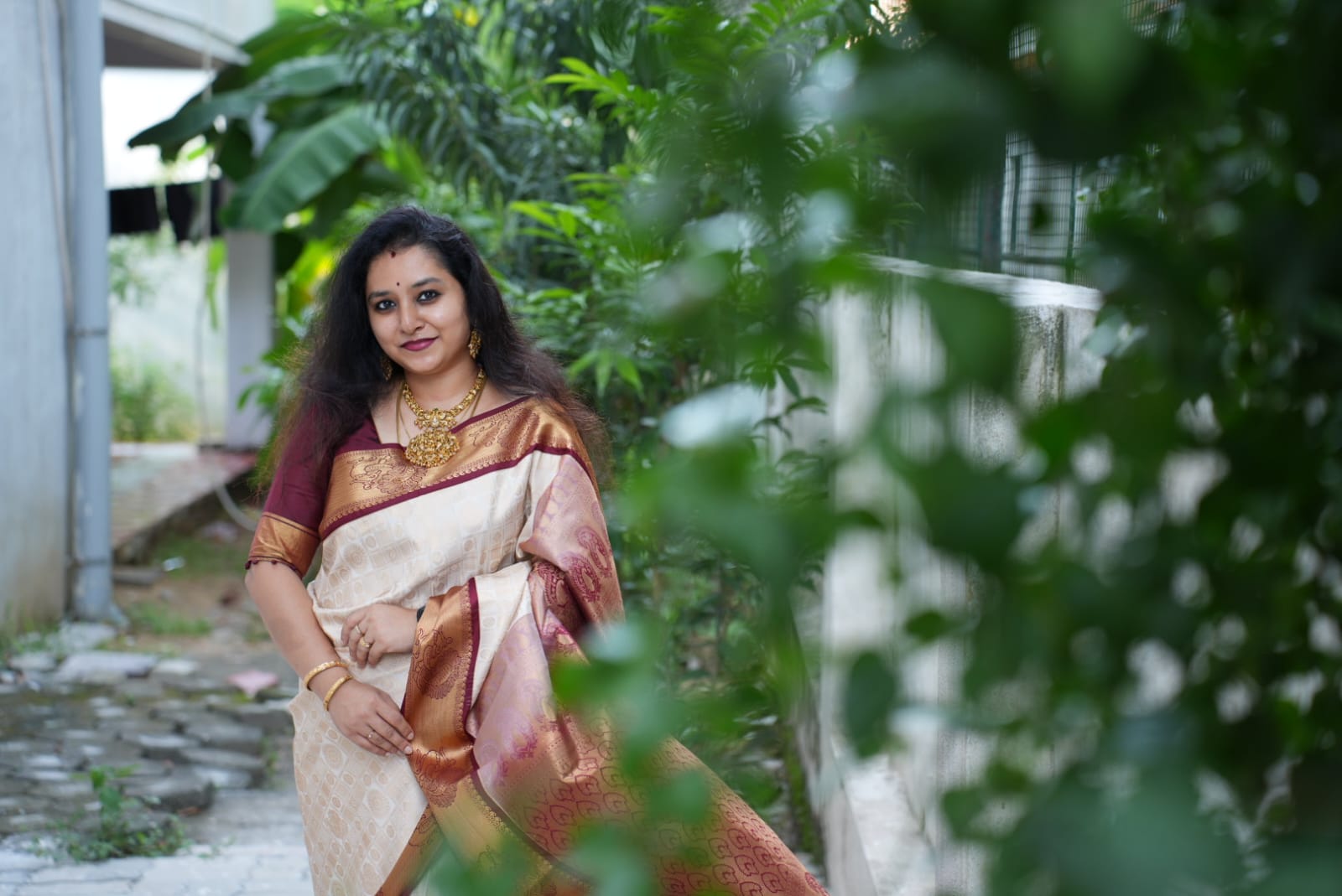 Cream & Maroon - Semi Kanchi Saree with Rudraksham & Peacocks motifs in checkered pattern on the body and with Peacock zari border - Shop on ShrusEternity.com