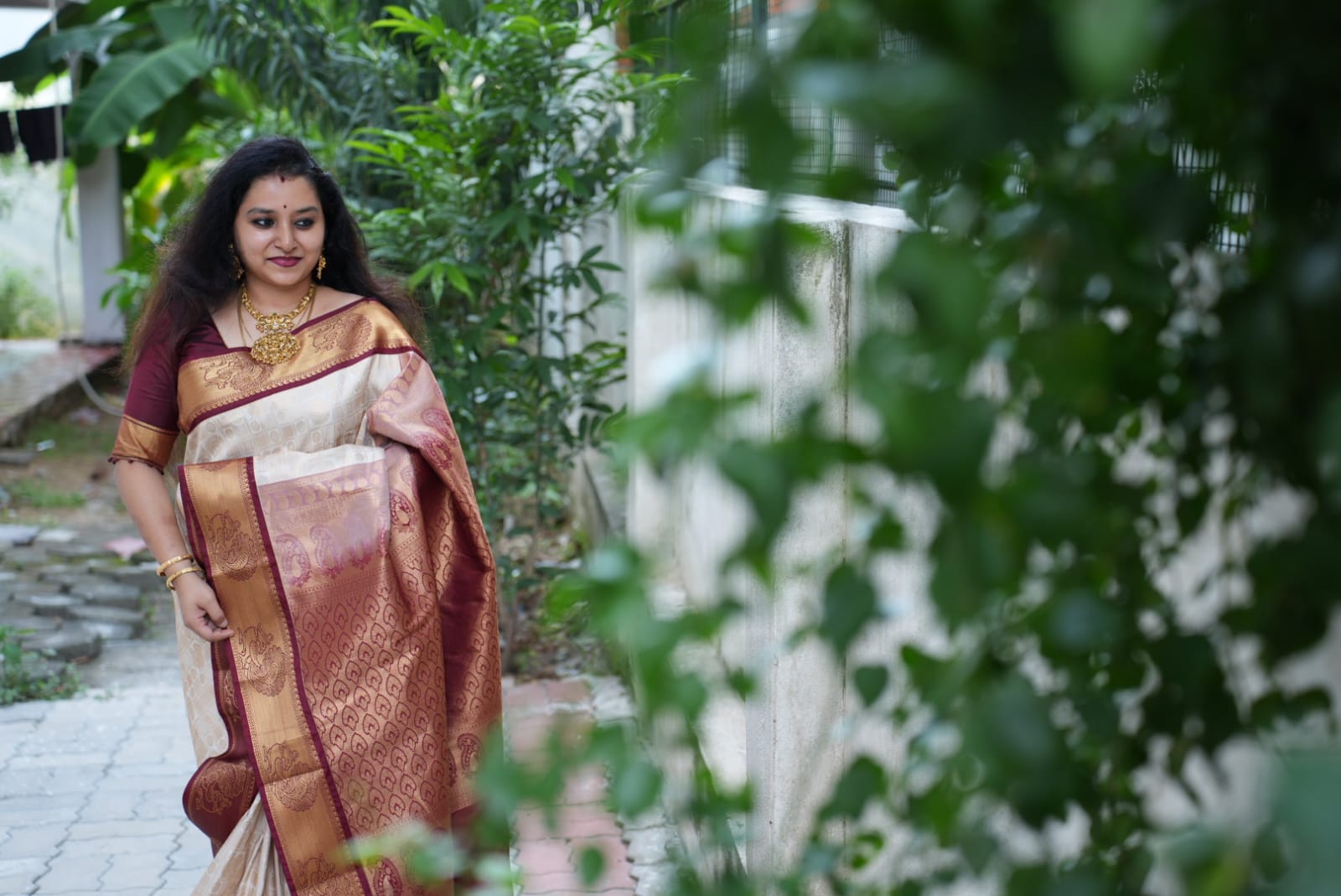 Cream & Maroon - Semi Kanchi Saree with Rudraksham & Peacocks motifs in checkered pattern on the body and with Peacock zari border - Shop on ShrusEternity.com