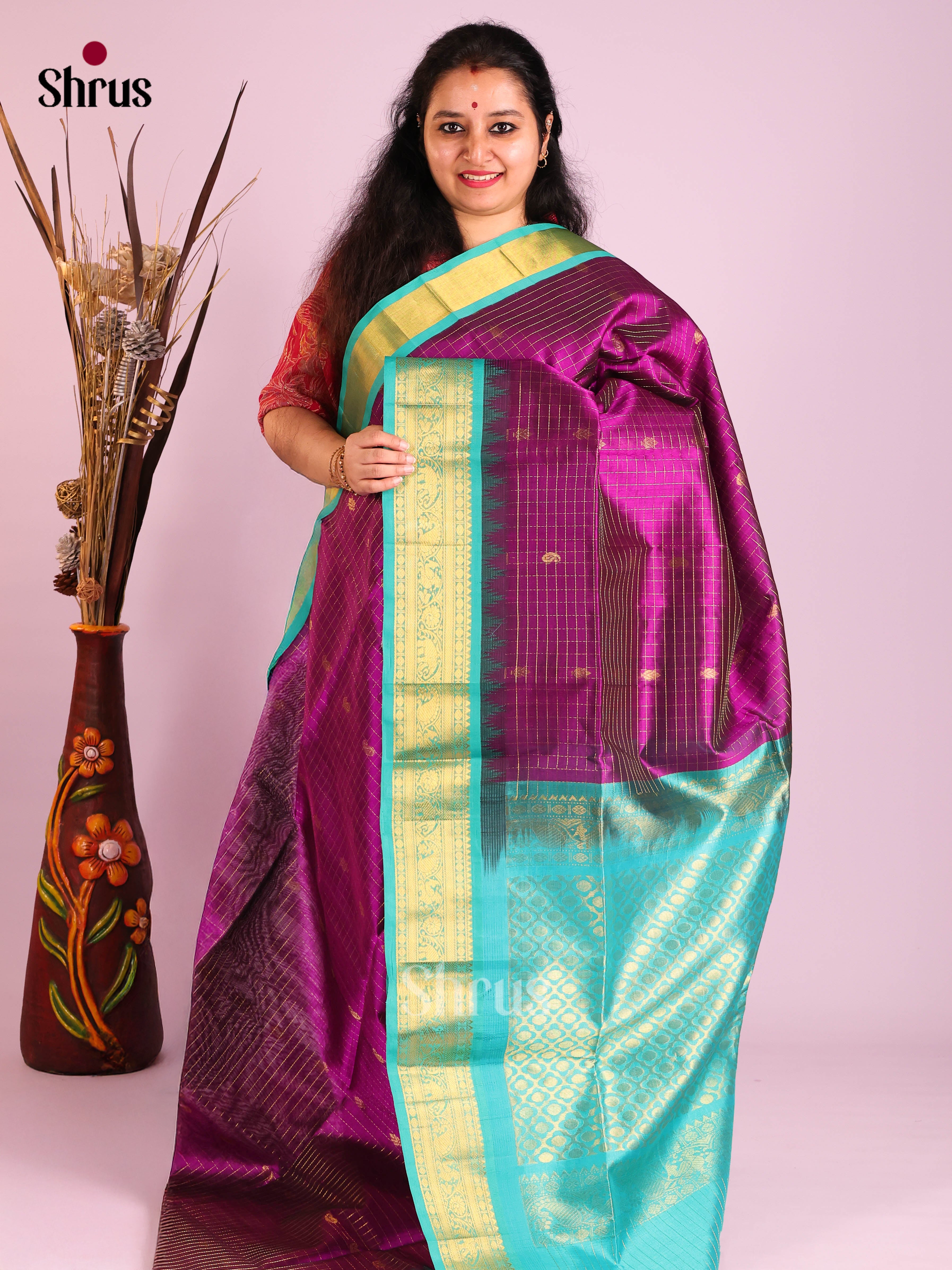 Enchanting Purple Checked Silk Cotton Saree With Gold Buttas & Teal Blue Border