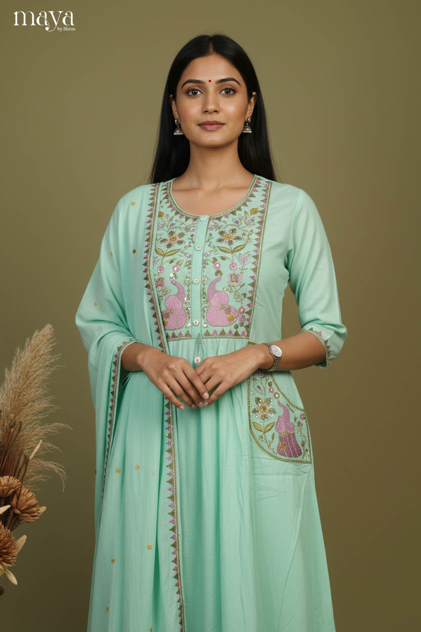 Teal Green - floral embroidered Readymade 3 Piece Salwar Suit