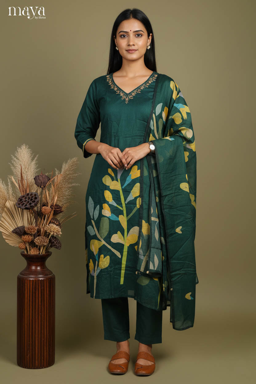 Green - Floral printed Readymade 3 Piece Salwar Suit
