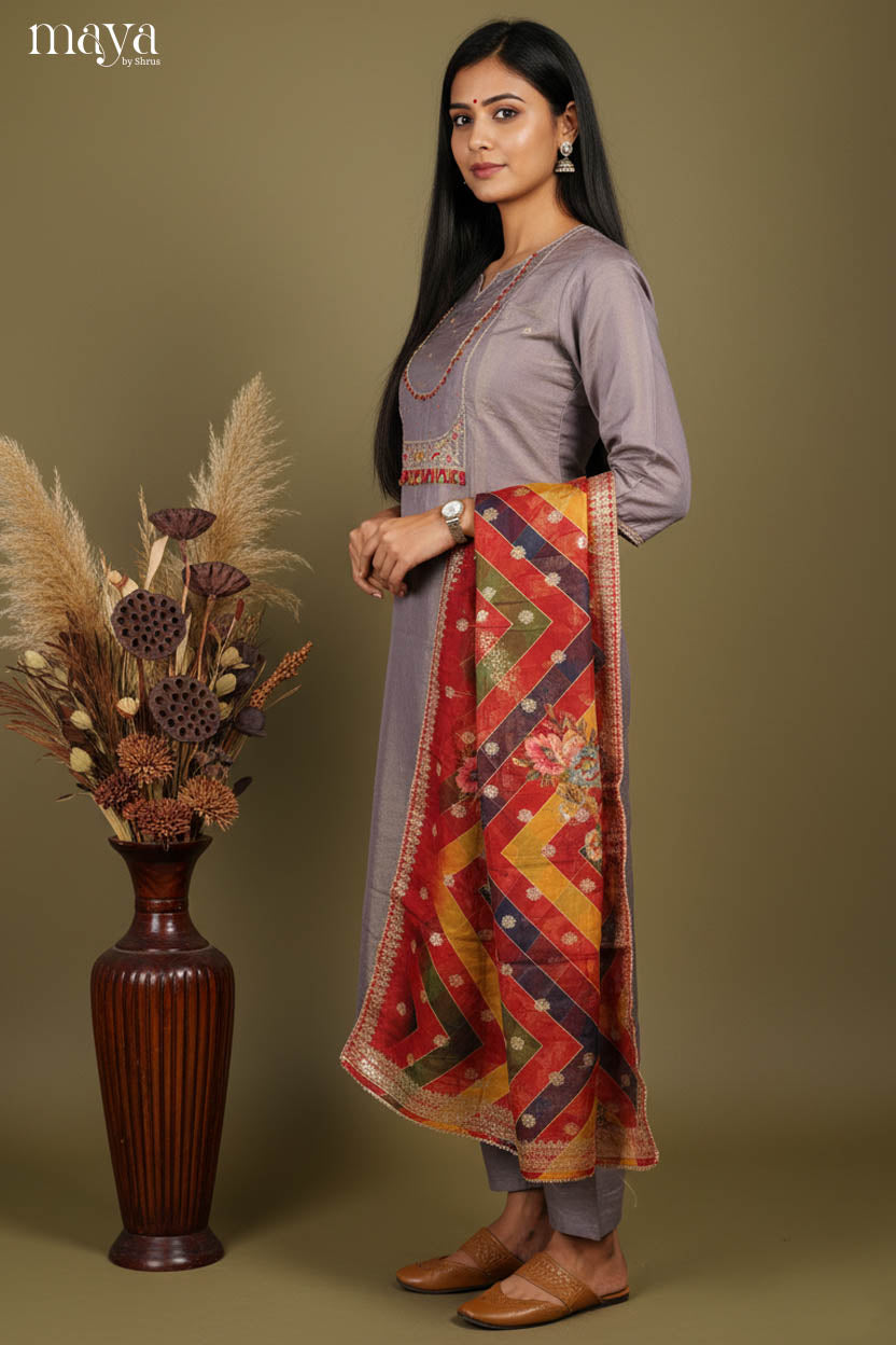 Grey & Red - Party Wear Readymade 3 Piece Salwar Suit