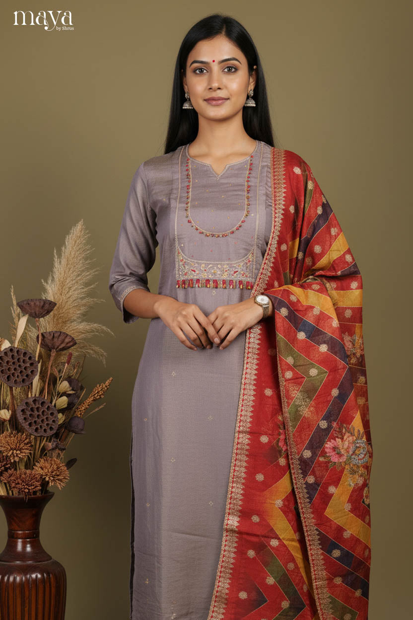 Grey & Red - Party Wear Readymade 3 Piece Salwar Suit