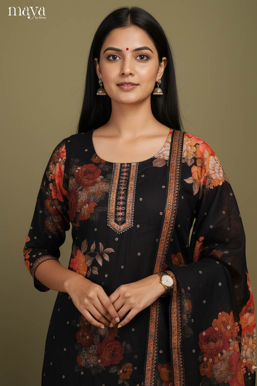 Black- Floral printed Readymade 3 Piece Salwar Suit