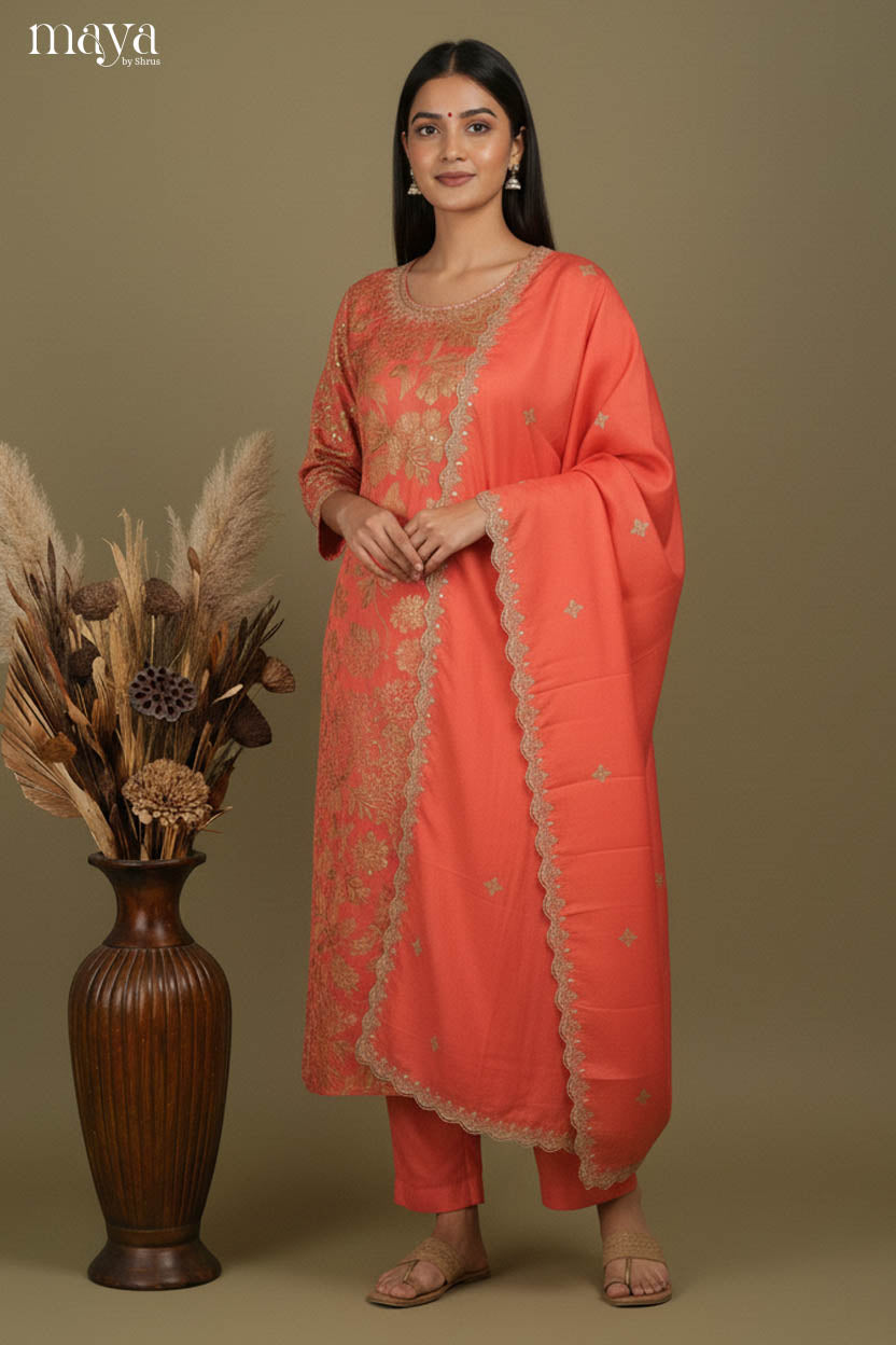 Orange - Party Wear Readymade 3 Piece Salwar Suit