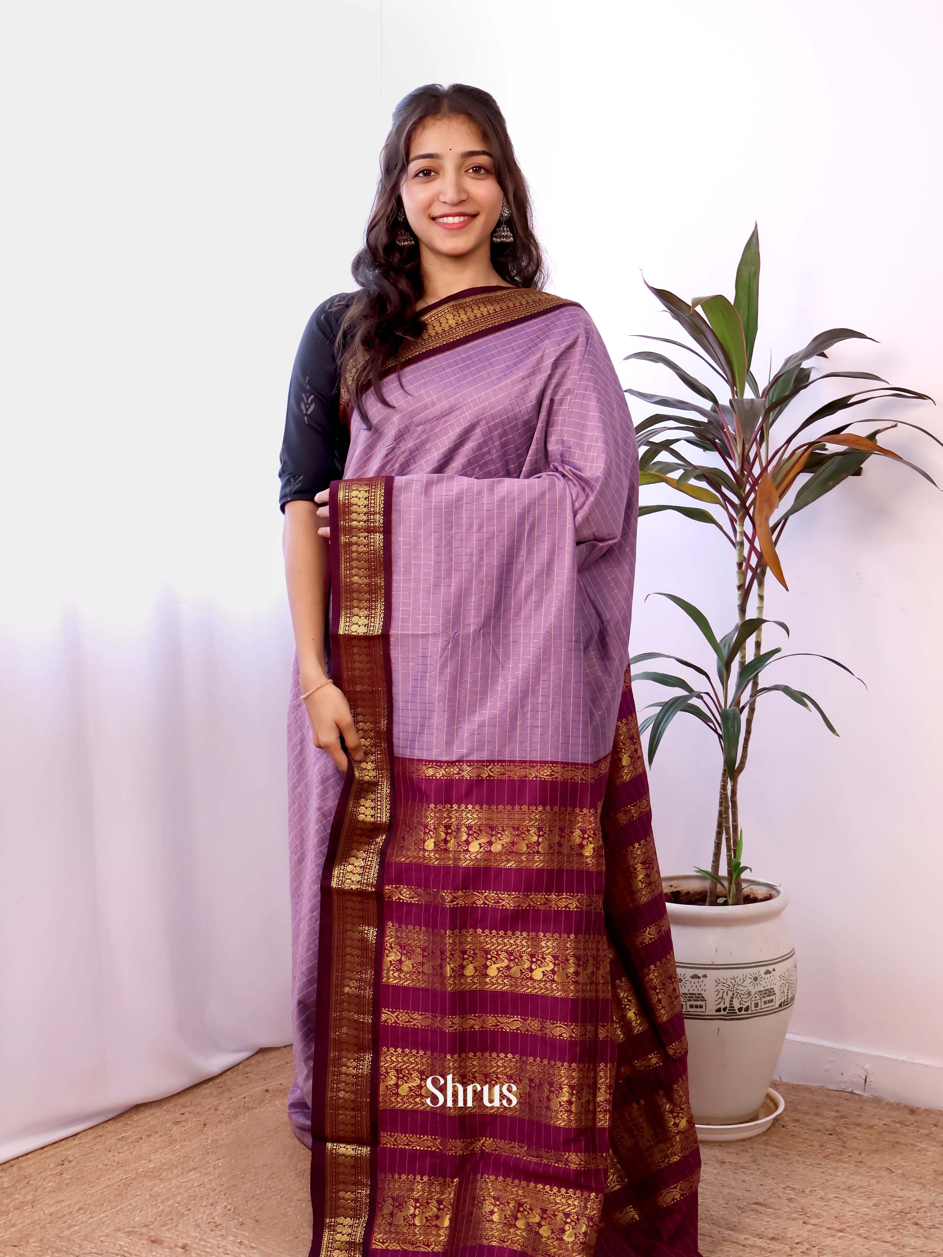 Light lavender & Purple - Kalyani Cotton Saree - Shop on Shrus.com