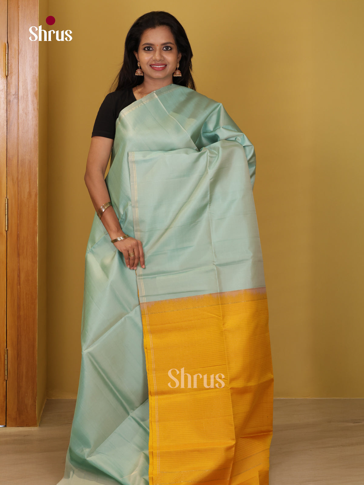 Buy Classy Ice Blue Soft Silk Saree with Plain Body & Mustard Zari Woven Pallu