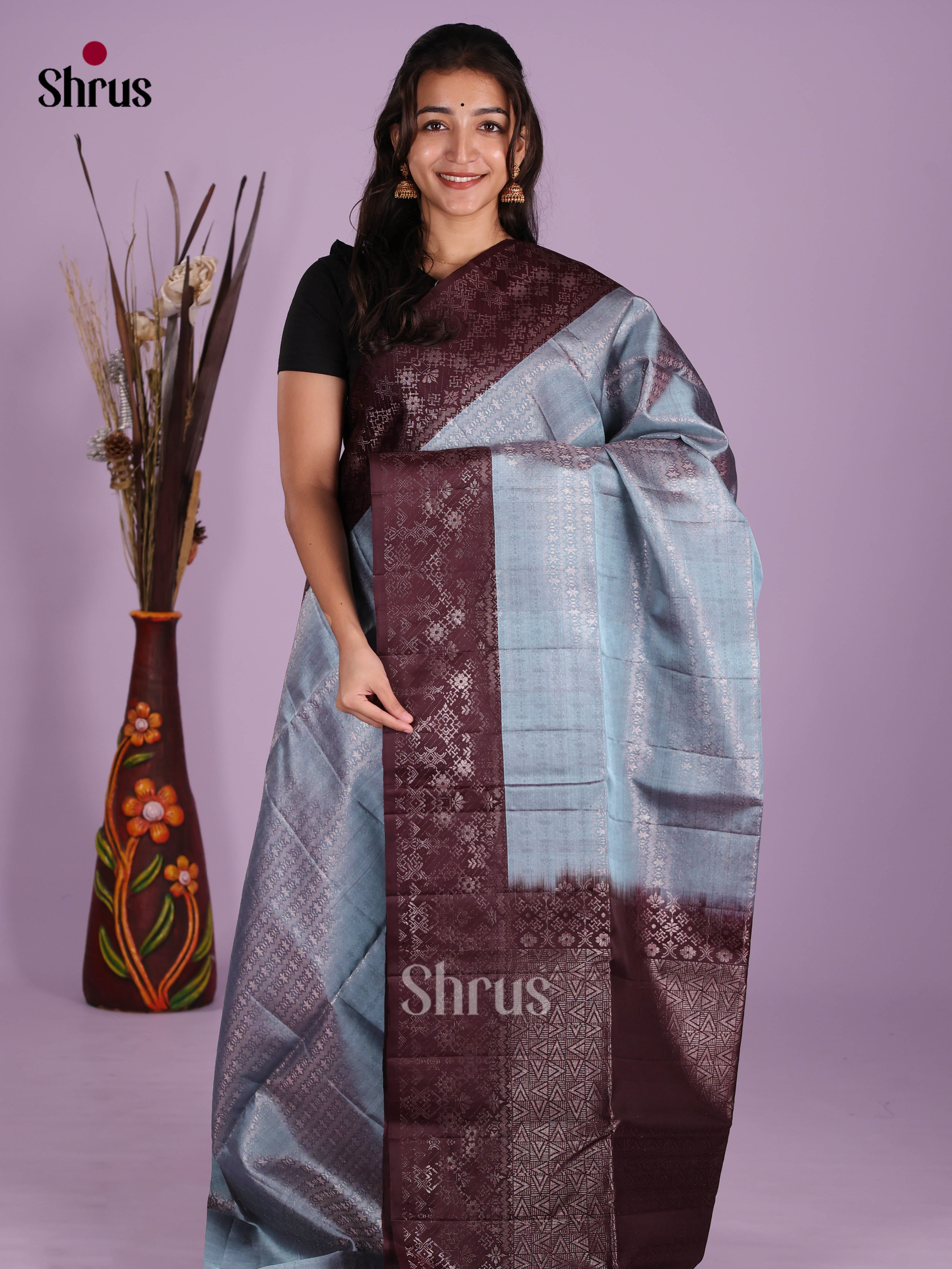Buy Stunning Icy Blue Soft Silk Saree With Intricate Silver Zari Patterns, Brown Border & Brocade Pallu