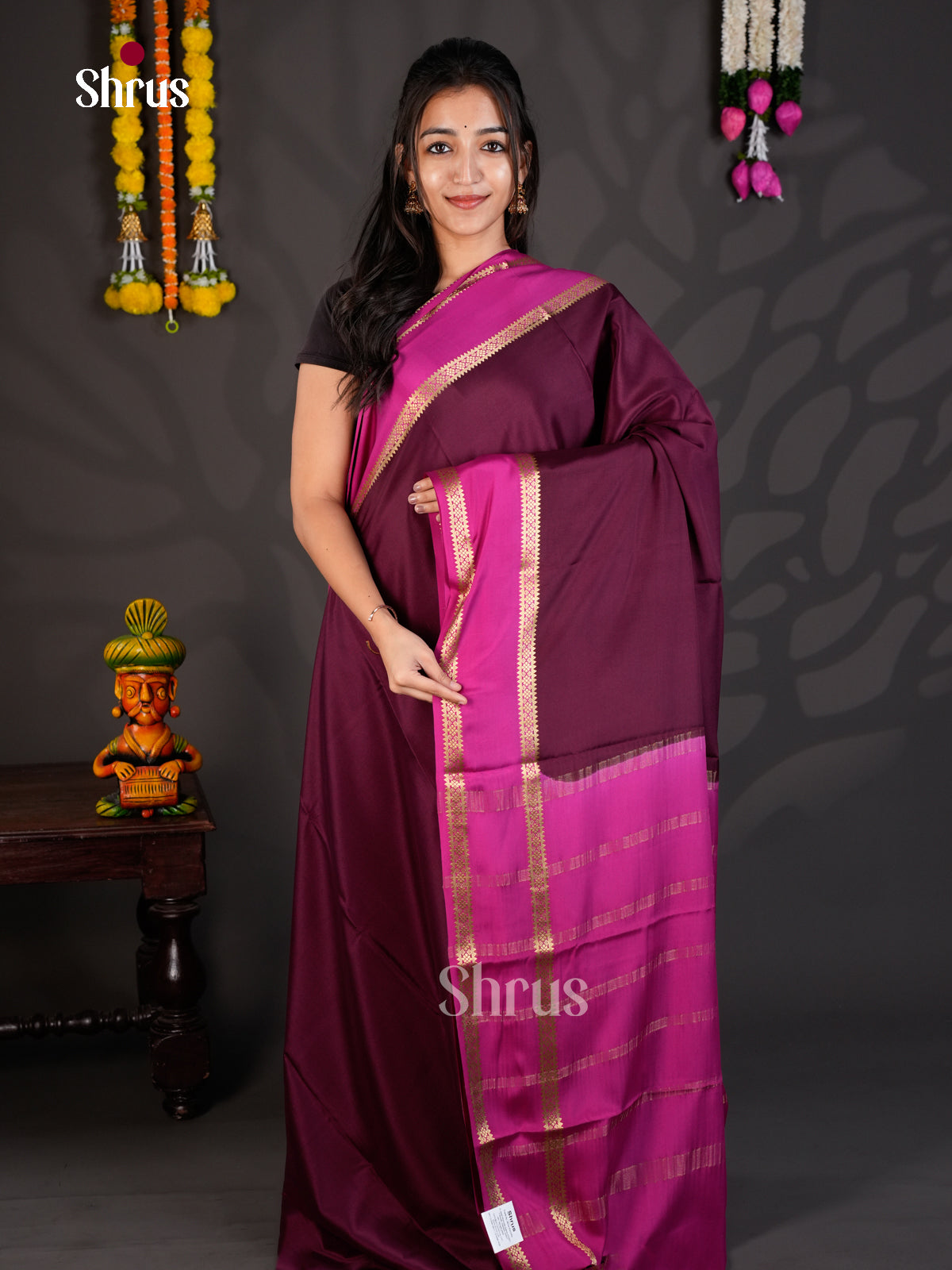 Buy Graceful Jamun Mysore Silk Saree With Broad Magenta Rettaipet Zari Border & Chit Pallu