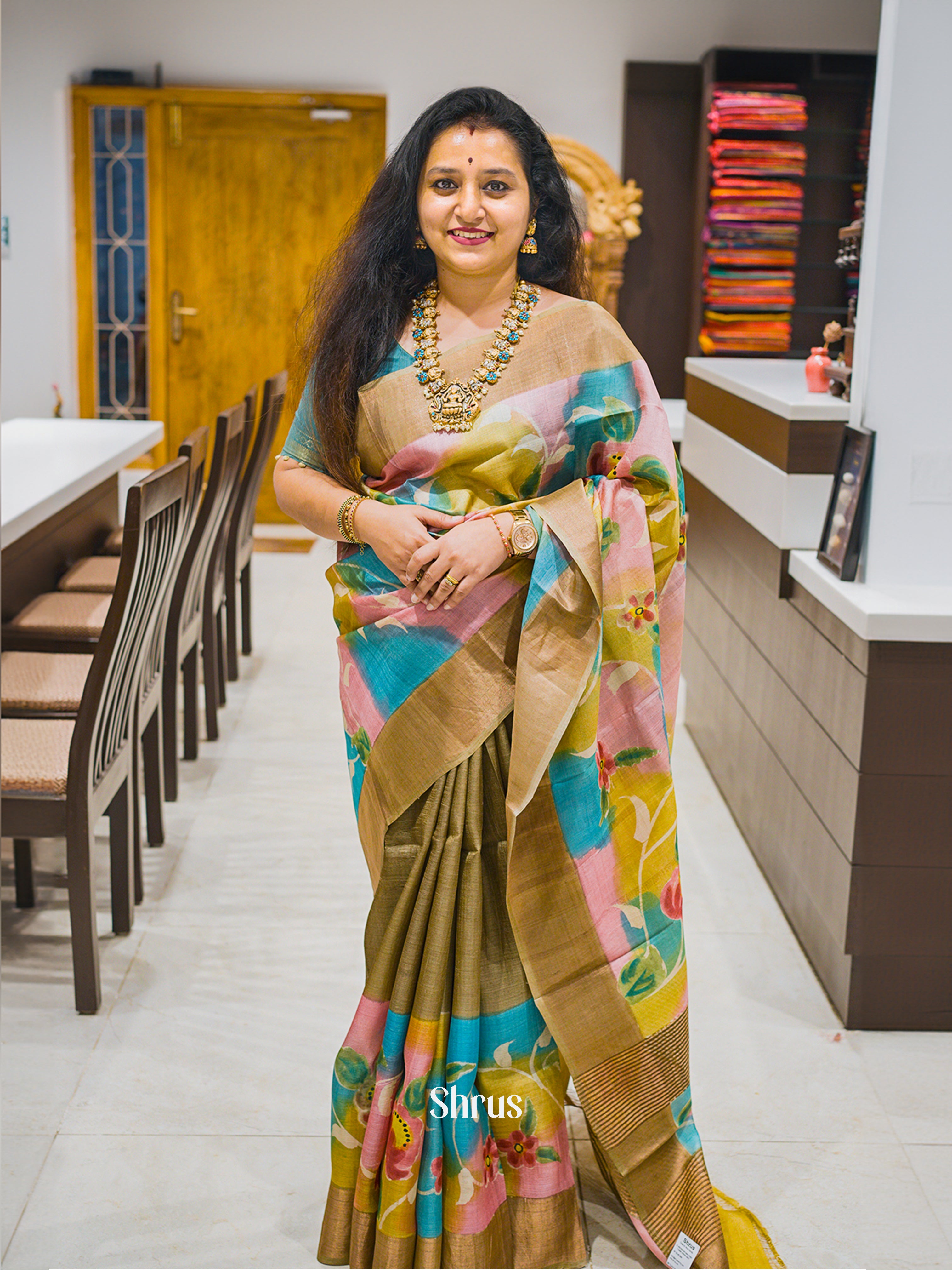 Pink & Mustard - Tussar Saree - Shop on ShrusEternity.com