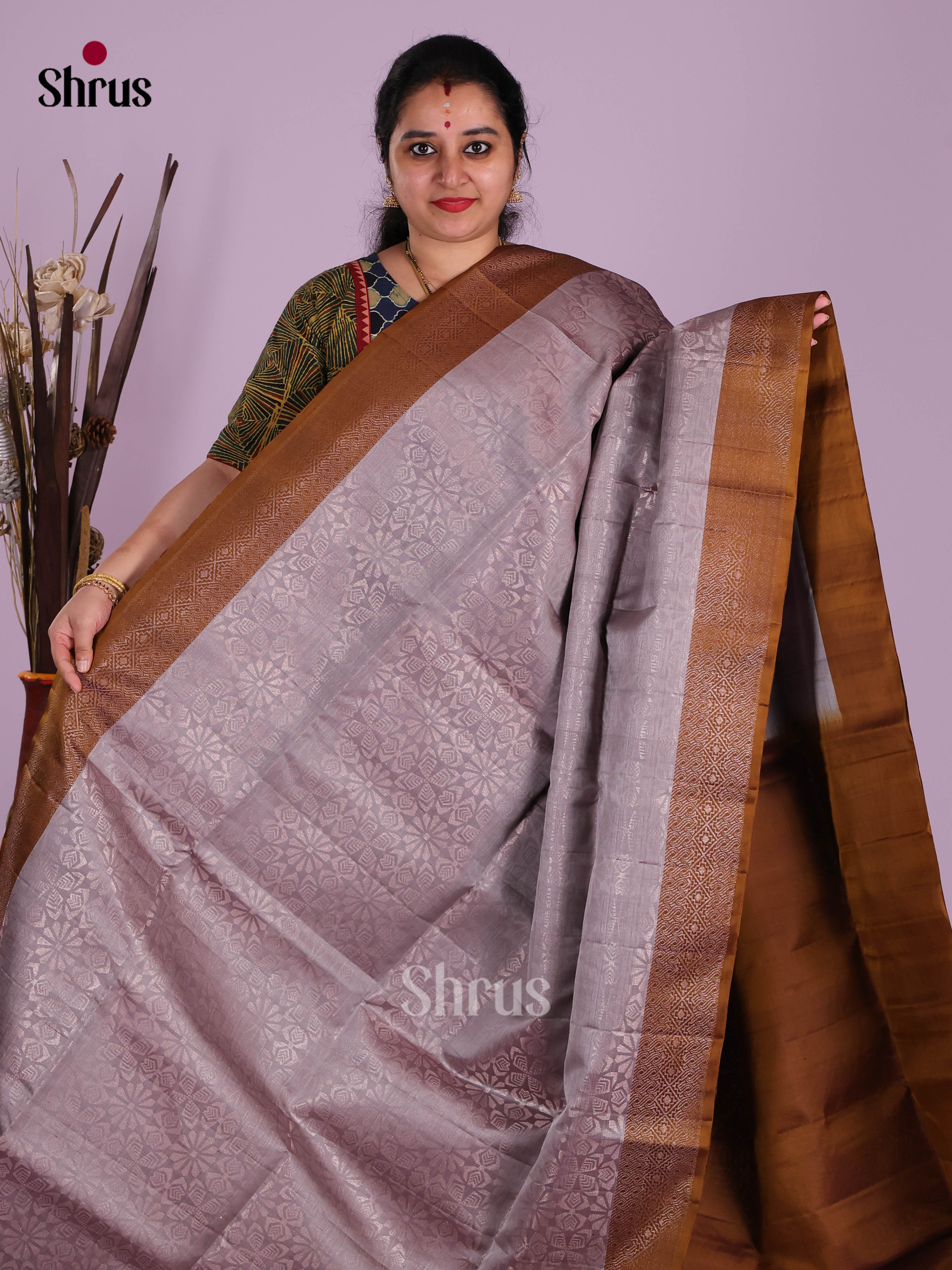 Buy Sheeny Lavender Grey Pure Soft Silk Saree With Silver Zari Floral Body, Brown Border & Pallu