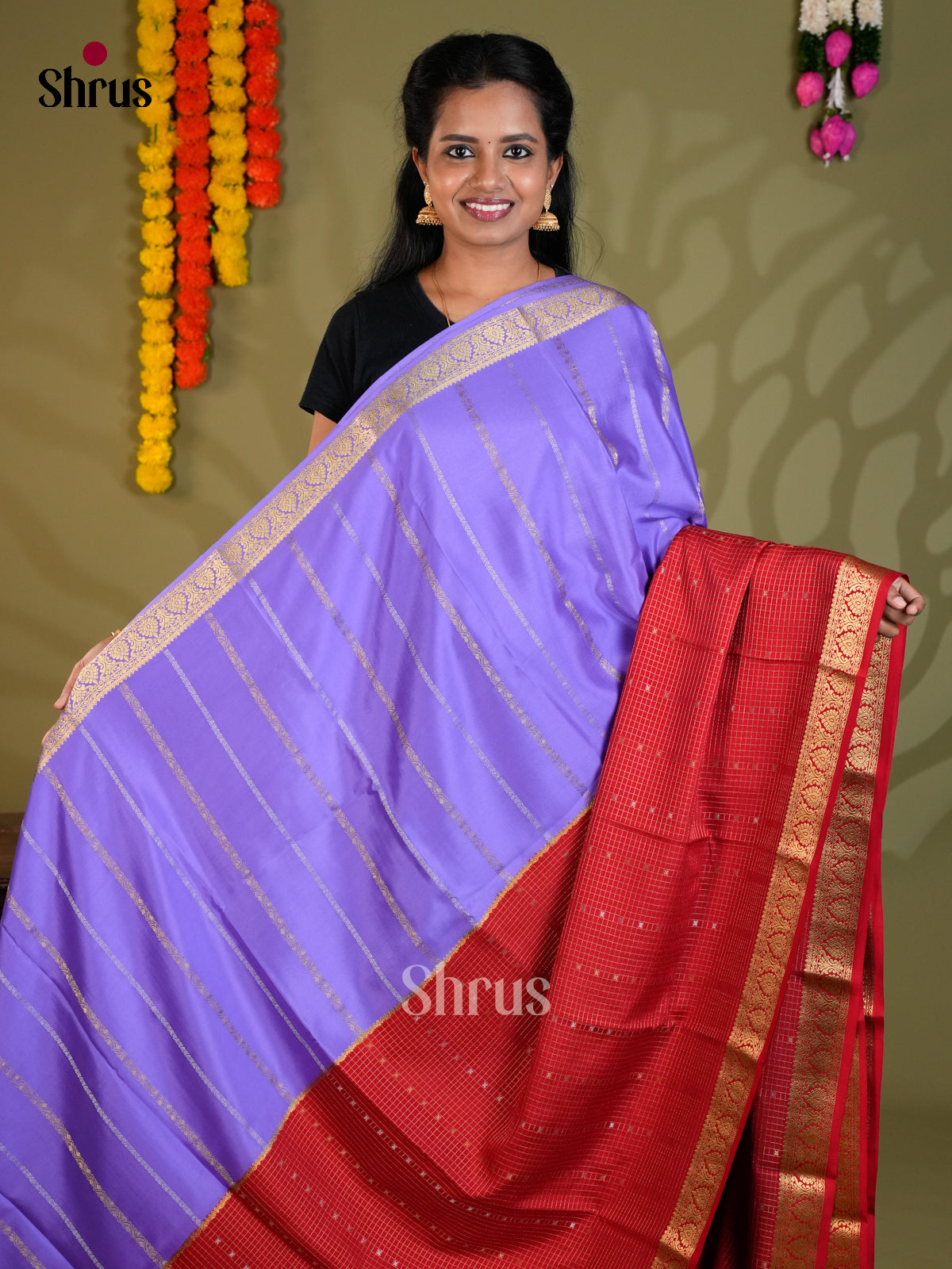 Buy Opulent Lavender Half & Half Mysore Silk Sarees with Gold Stripes, Red Checks & Zari Pallu