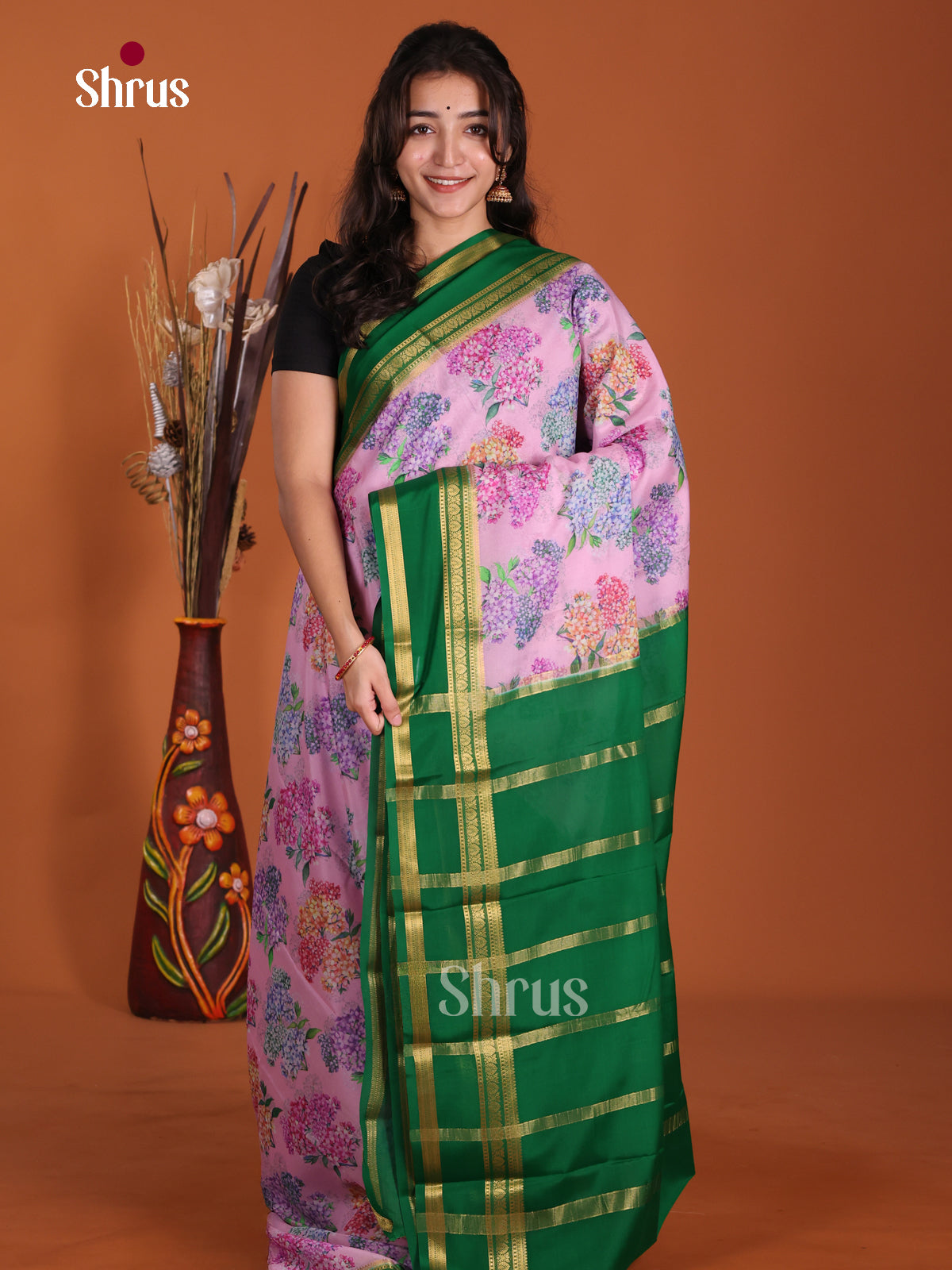 Buy Beautiful Lavender Mysore Crepe Silk Saree with Floral Prints, Green Rettaipet Zari Border & Chit Pallu