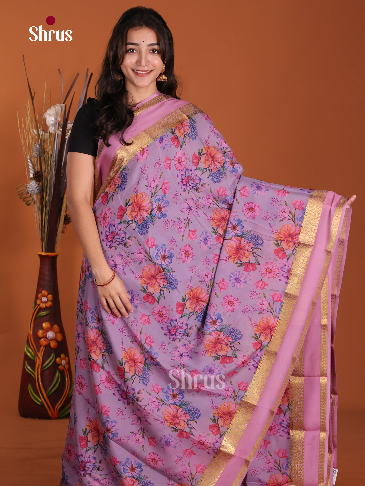 Buy Stunning Lavender Mysore Silk Crepe Saree with Floral Prints, Lilac Rettaipet Zari Border & Chit Pallu