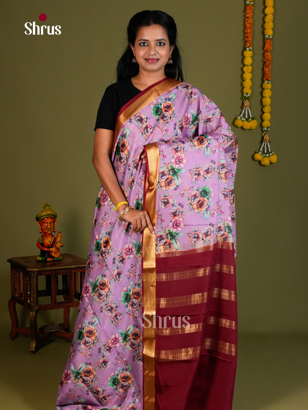 Buy Breezy Lavender Mysore Silk Saree with Floral Print, Kaddi Zari Border & Maroon Pallu