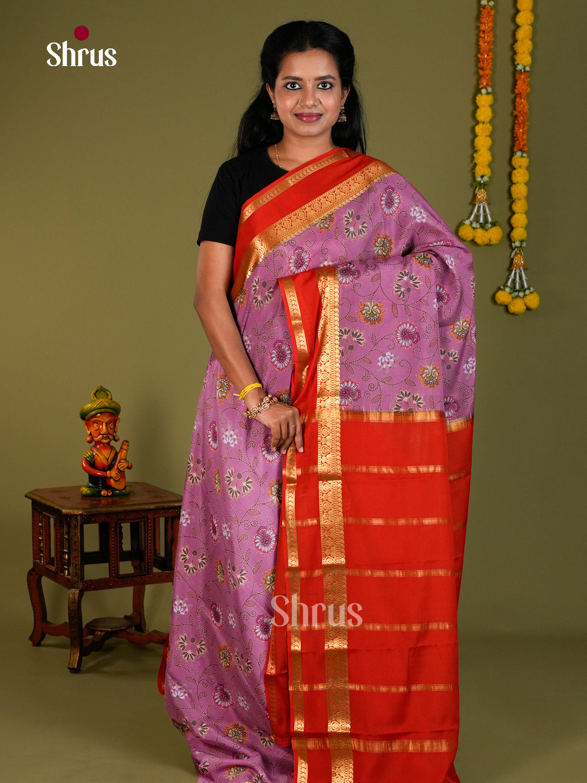 Buy Pretty Lavender Mysore Silk Saree with Floral Vines Print, Tomato Red Rettapet Zari Border & Pallu